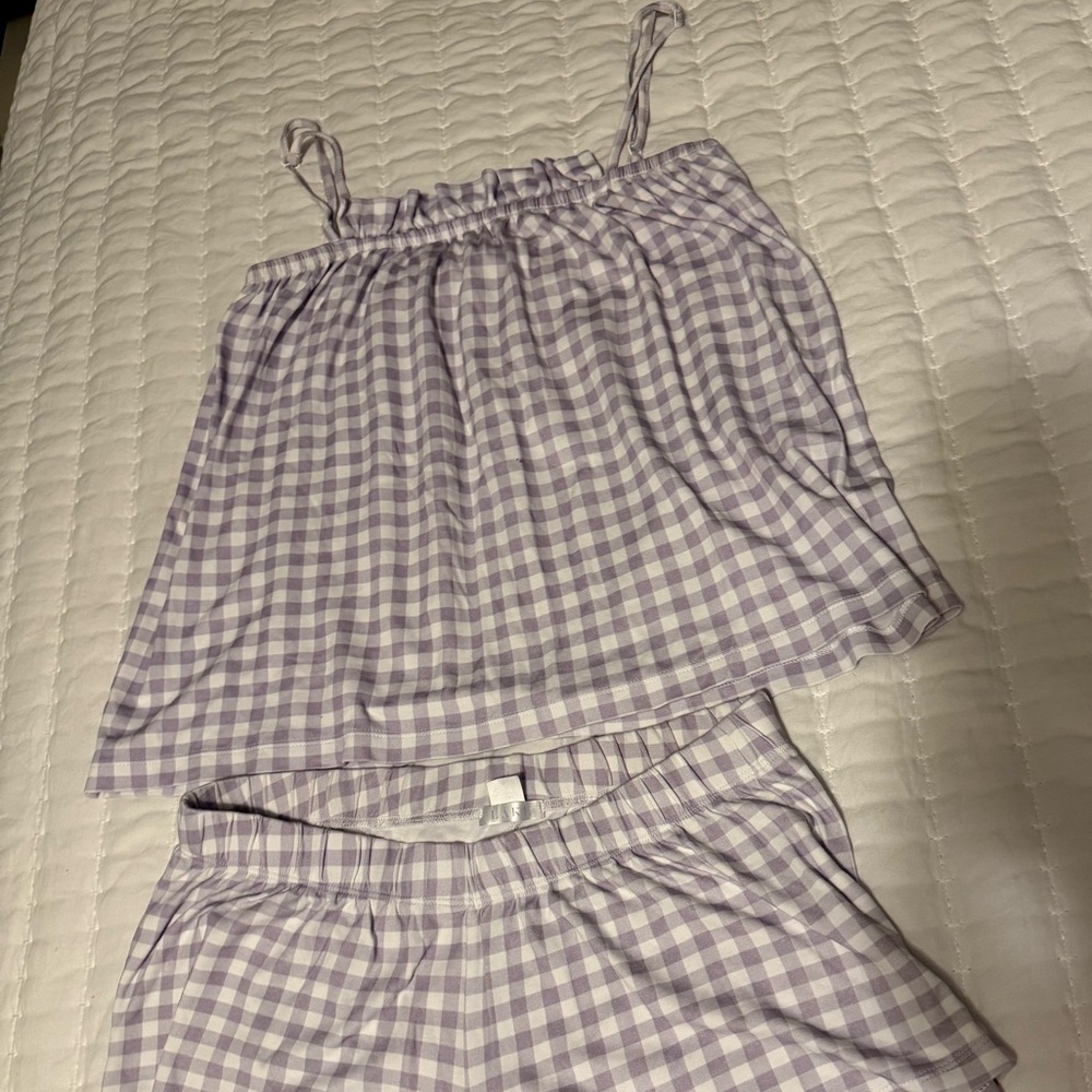 LAKE Pajamas Pima Ruffle Shorts Set - Purple Gingham Size Small